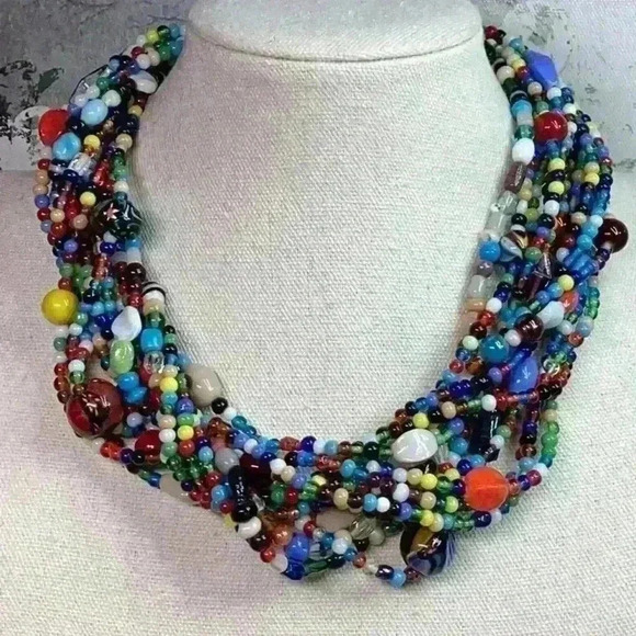 Statement Chunky Multi Colored Glass Beaded Necklace - Picture 1 of 3